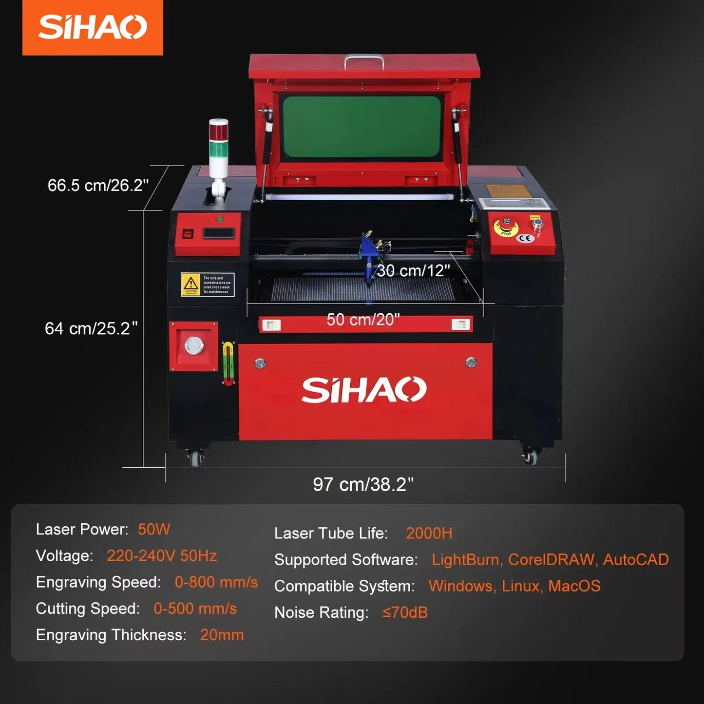 SIHAO CO2 Laser Engraver 50/60/80/100/130W with Ruida & LightBurn - High-Speed Engraving for Wood/Fabric/Metal, Digital Control