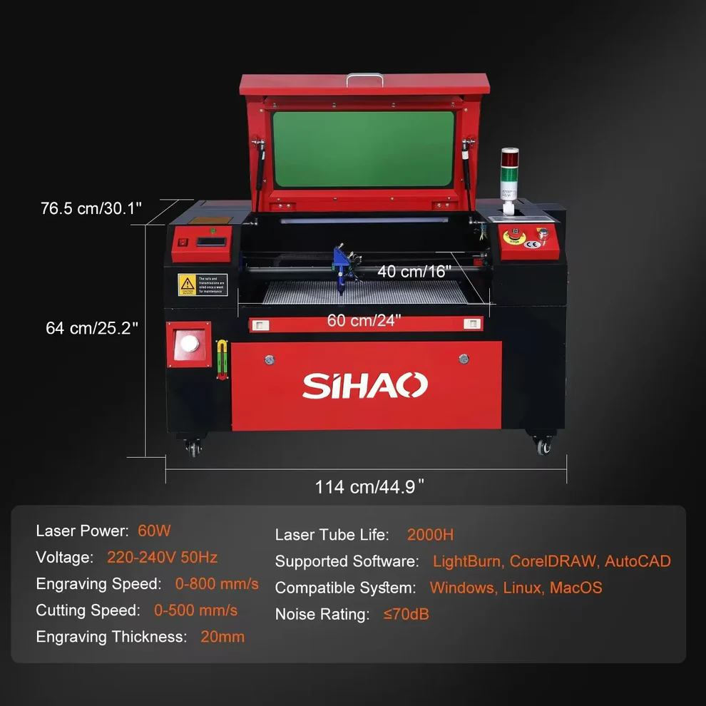 SIHAO CO2 Laser Engraver 50/60/80/100/130W with Ruida & LightBurn - High-Speed Engraving for Wood/Fabric/Metal, Digital Control
