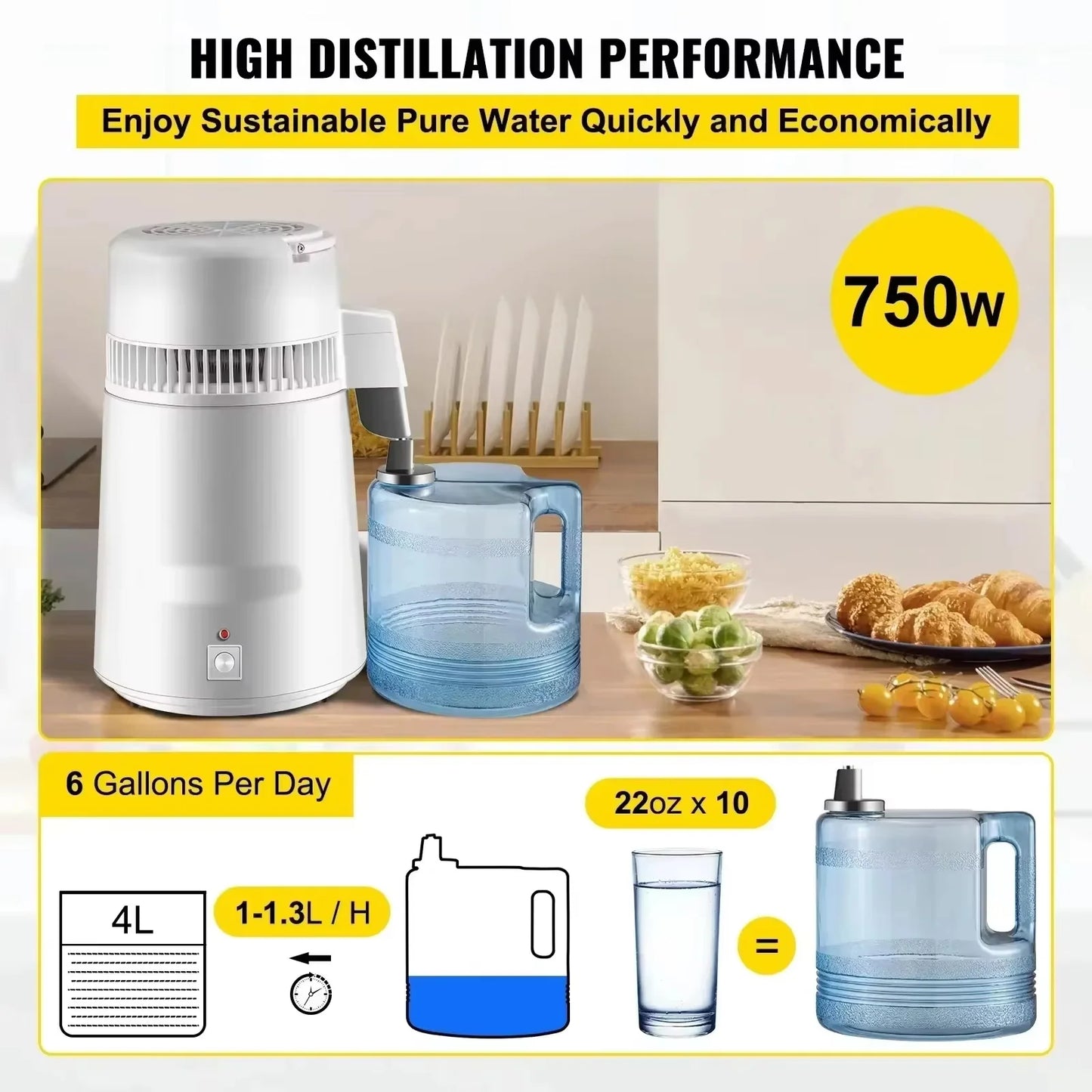 Sihao 4L Pure Water Distiller Purifier Filter Dispenser Heating Drinking Bottle Softener 304 Stainless Steel Home Appliance