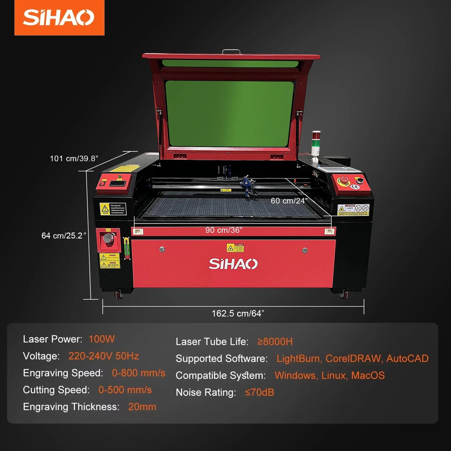 SIHAO CO2 Laser Engraver 50/60/80/100/130W with Ruida & LightBurn - High-Speed Engraving for Wood/Fabric/Metal, Digital Control