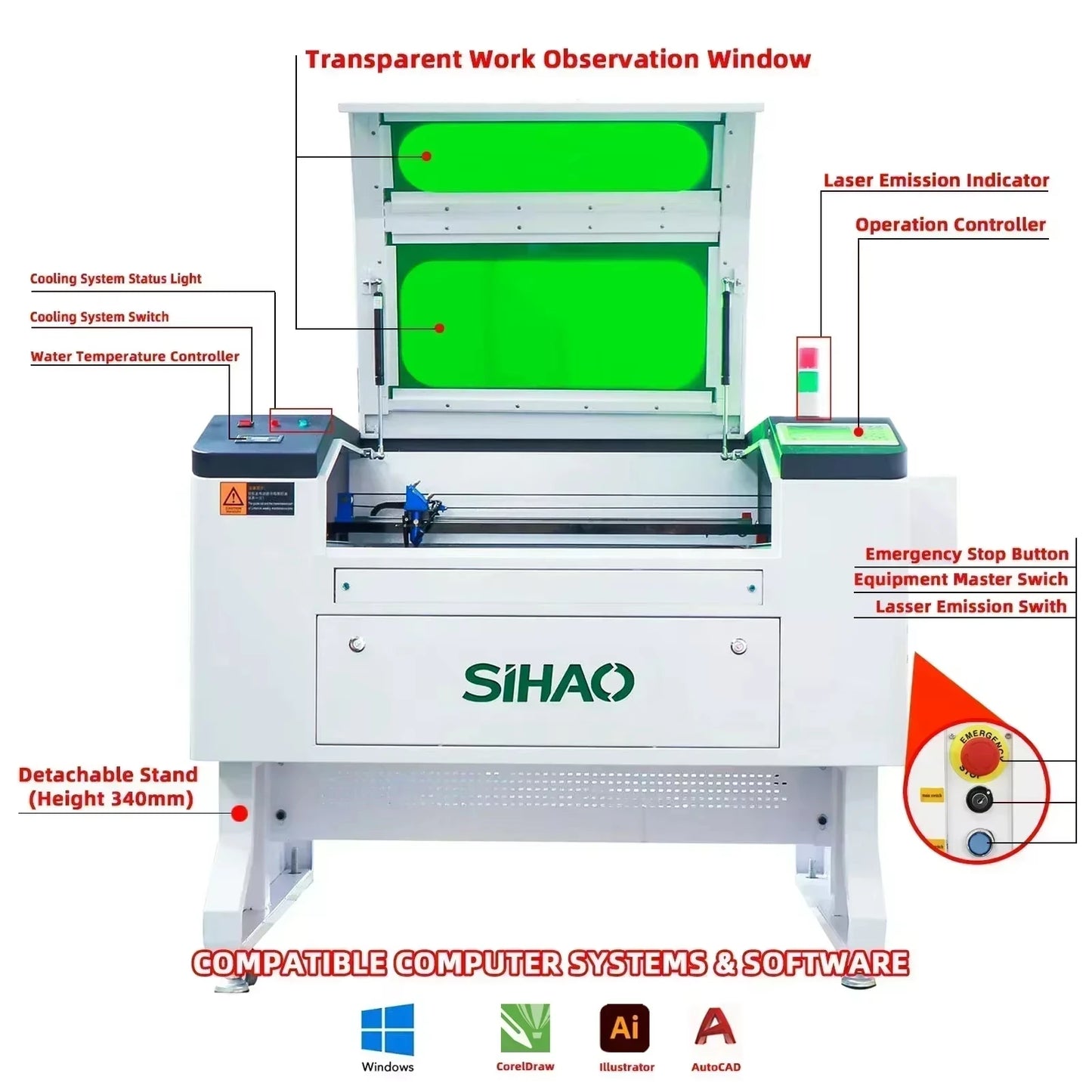 SIHAO 100W Laser Engraver with Ruida DSP & Built-in Chiller - 700x500mm Large Area, Safety Warning Light for Wood/Metal/Leather