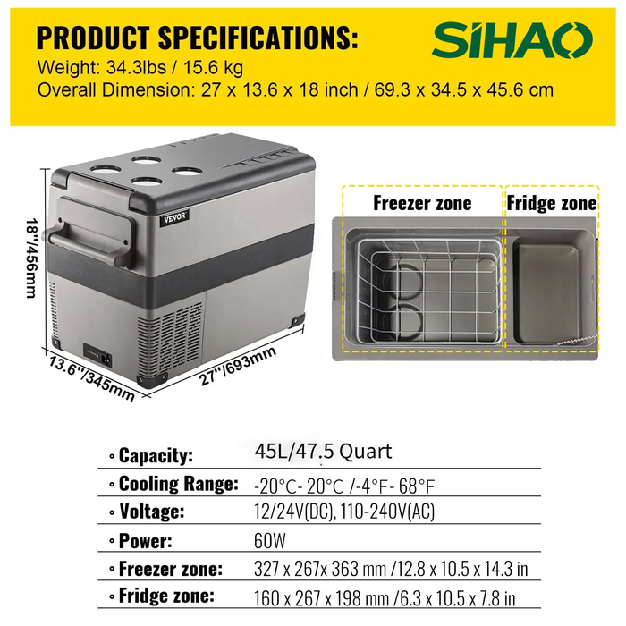 SIHAO Car Refrigerator 20L-55L Mini Fridge Freezer Portable Compressor Cooler 12/24V DC 110-240V Ice Box for Camping Driving