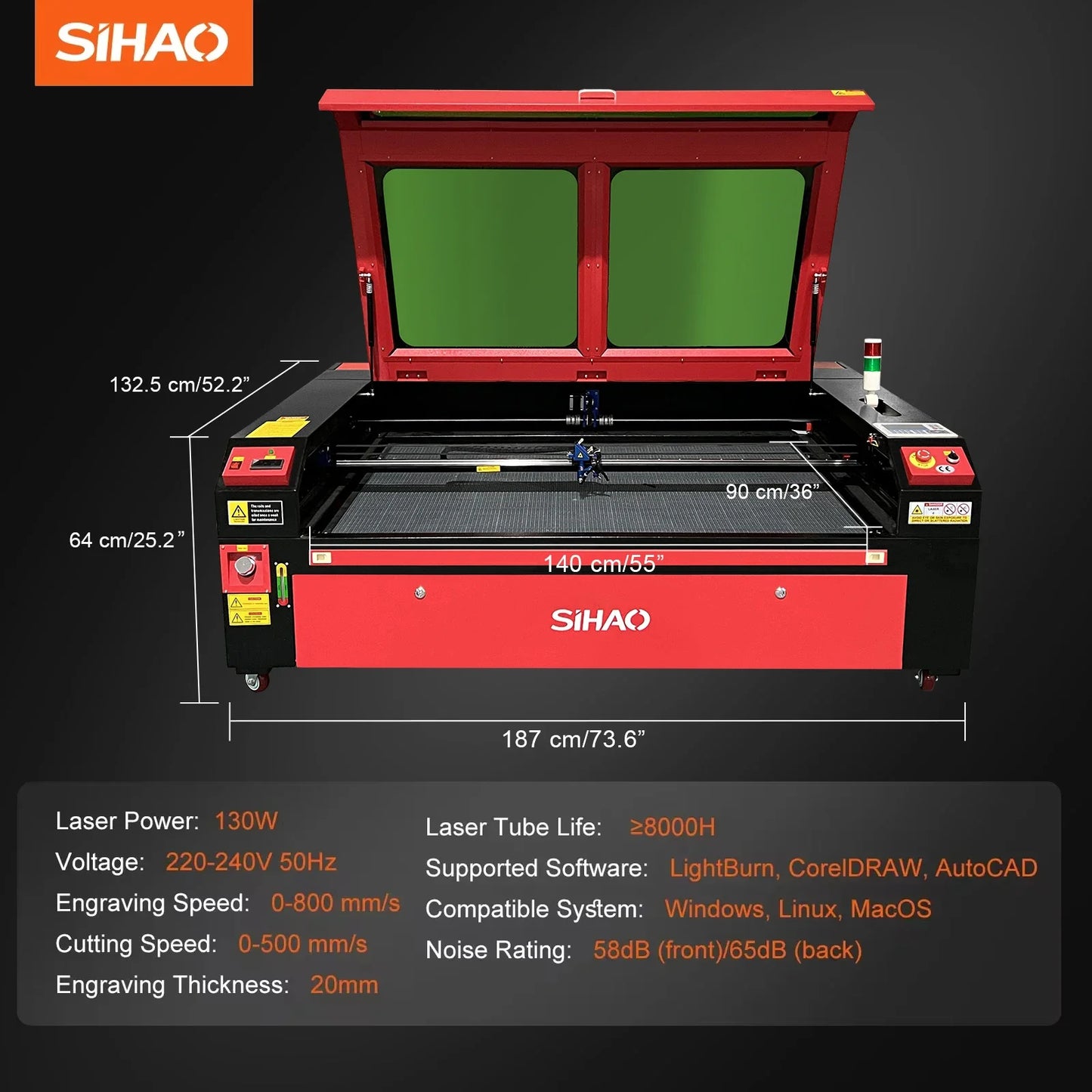 SIHAO CO2 Laser Engraver 50/60/80/100/130W with Ruida & LightBurn - High-Speed Engraving for Wood/Fabric/Metal, Digital Control