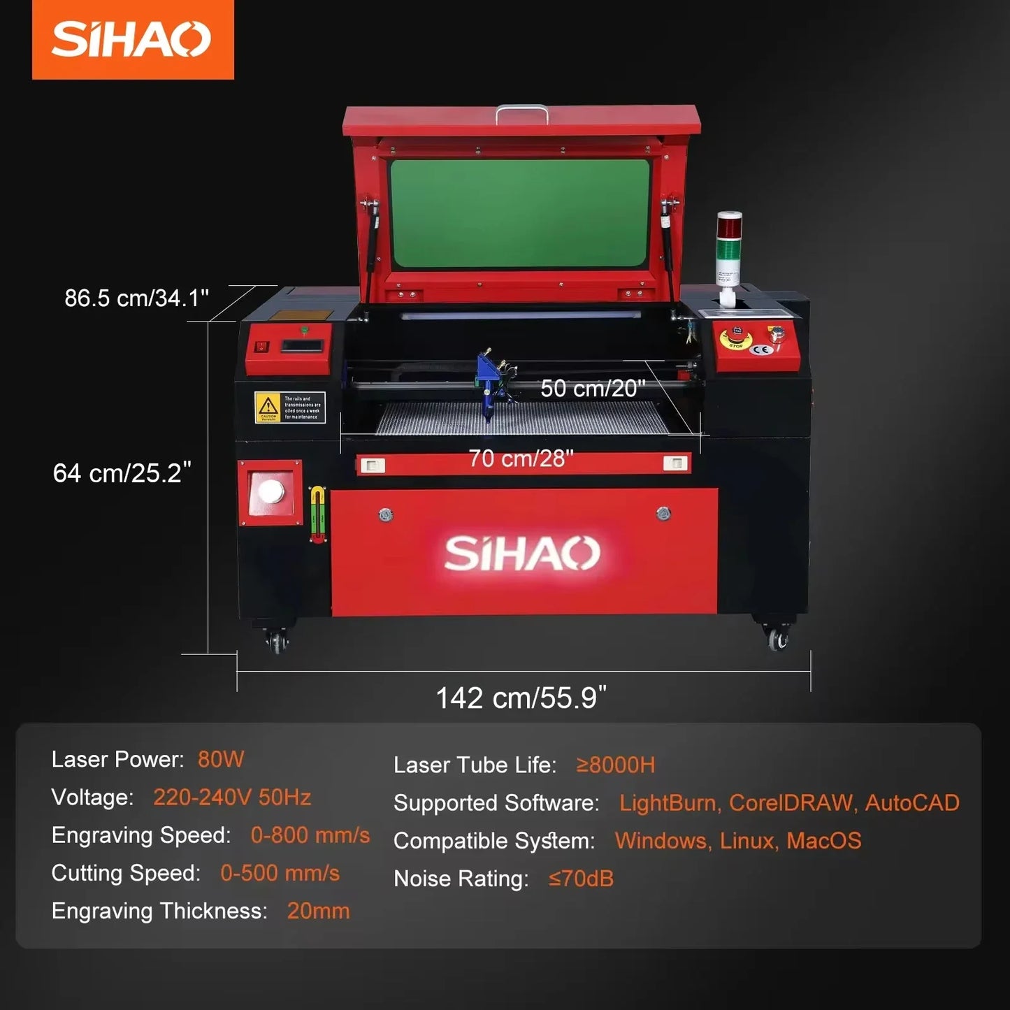 SIHAO CO2 Laser Engraver 50/60/80/100/130W with Ruida & LightBurn - High-Speed Engraving for Wood/Fabric/Metal, Digital Control